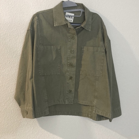 Zara Jackets & Blazers - ZARA Cotton Canvas Olive Green Boxy Oversized Cropped Jacket Medium